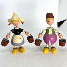 Vintage Wooden Jack & Jill Carrying Water Pails Bobble Figurines Dutch 1940's