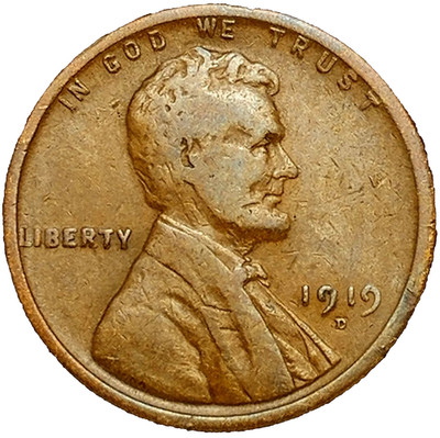   1919 D Lincoln Wheat Cent Good - Very Good (G-VG) Condition Copper Penny 1c
