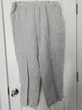 Eileen Fisher Women Gray Black White Striped Linen Elastic Waist Pant Size L