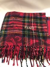 Fendi Vintage Wool Blanket Scarf Red Plaid With Fringe 19x70