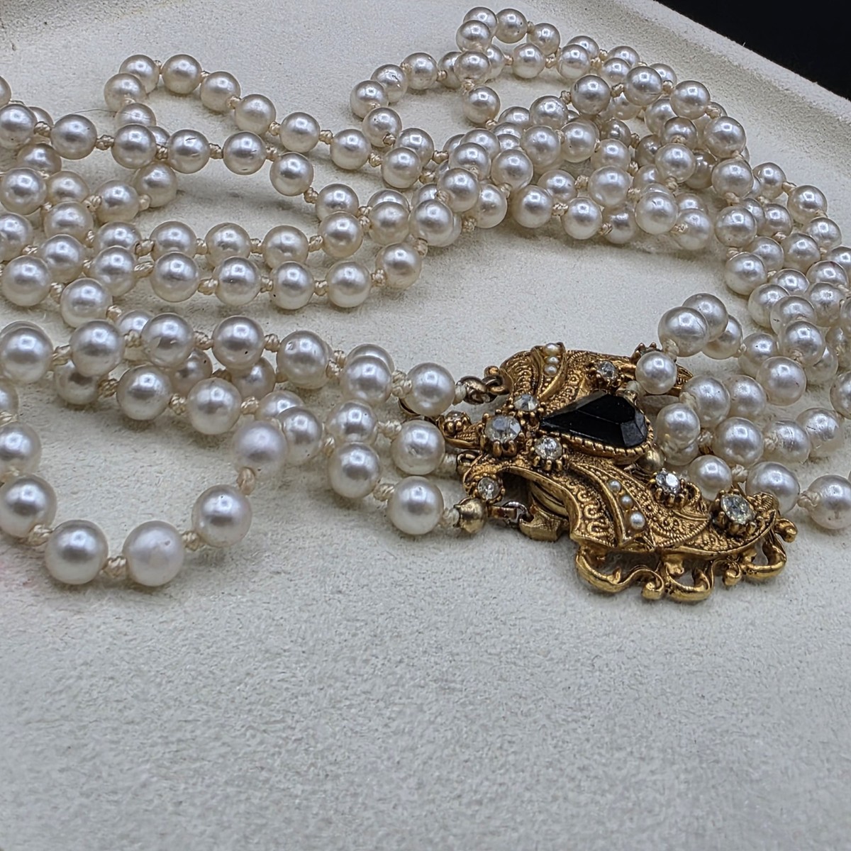 Vintage Florenza Victorian Revival Pearl Necklace Front Snap Clasp Festoon READ View 6