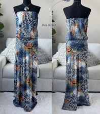 USA New J UP Womens BLUE MERMAID SILKY STRAPLESS MAXI TUBE DRESS BOHO S M L Jup