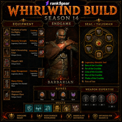 Diablo 4  Season 14  Whirlwind Barbarian Build Endgame  BEST BUILD  S+ TIER