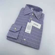 Eton Dress Shirt Mens M 15 1/2 - 39 Purple White Plaid Slim Fit Collar Button Up