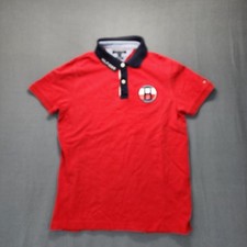 Tommy Hilfiger Polo Shirt Medium Slim Fit Red Logo Spell Out Golf Preppy Classic