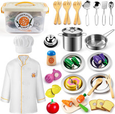 Juego cocina juguetes con ollas sartenes utensilios ropa chef y comida ninos