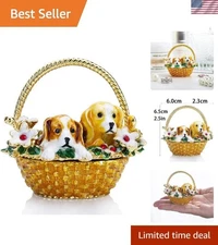 Compact Crystal Puppy Jewelry Box in Flower Basket - Delightful Trinket Storage