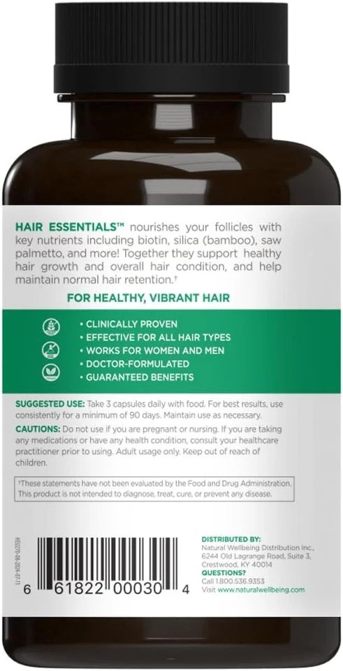 Natural Wellbeing Hair Essentials 270 cápsulas vegetales - biotina, palma enana americana, bambú Foto 2 de 4