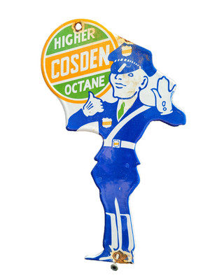 VINTAGE COSDEN GASOLINE PORCELAIN SIGN OLD GAS OCTANE GUARD DIE-CUT MOTOR OIL