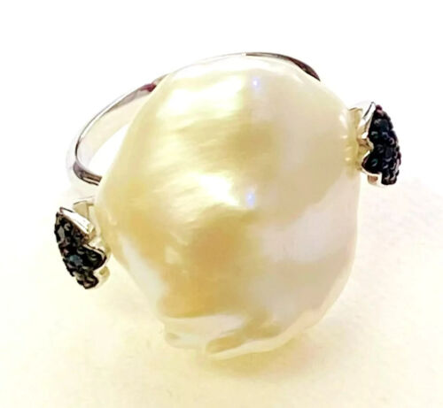 HSN Deb Guyot Studio Sterling Semi Baroque Pearl and Black Spinel Ring Size 8