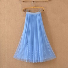 Lady Mesh Skirts Beads Decor Elastic High Waist A Line Tulle Layered Midi Casual
