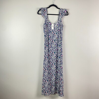 Loft Sleeveless Blue Floral Bird Print Ruffle Strap Midi Dress Size