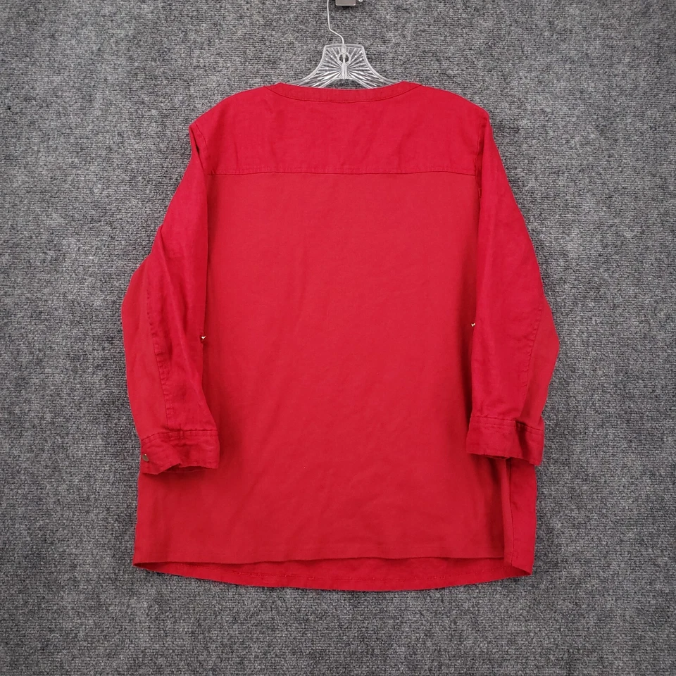 JM Collection 女式大号红色 1/4 拉链口袋 V 领 3/4 袖亚麻混纺 — 第 2/4 张图片