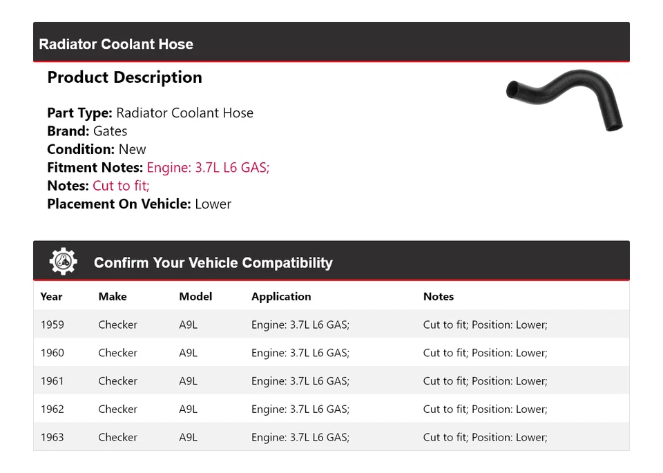 For 1959-1963 Checker A9L 3.7L L6 GAS Radiator Coolant Hose Lower Gates 1960 - Image 2 of 4
