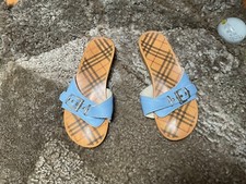 BURBERRY LIGHT BLUE LEATHER UPPER WOOD BOTTOM MADE IN ITALY CLOG SANDALS SIZE 41
