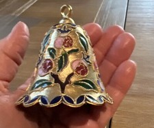 Vintage Cloisonne Bell Ornament Floral Gold Tone Enamel Pink Green Cobalt