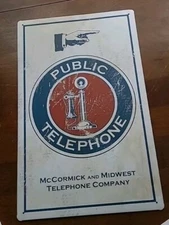 Public Telephone McCormick and Midwest Co Tin Metal Sign