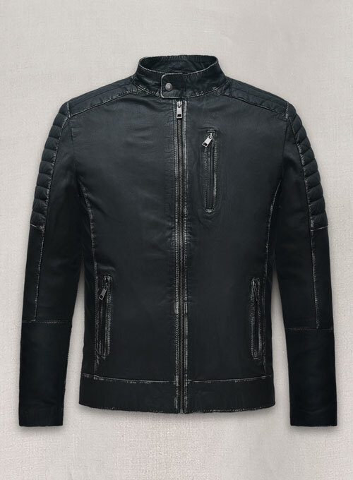 Vintage Quilted Mens Leather Jacket in Soft Rubbed Black Lambskin-image