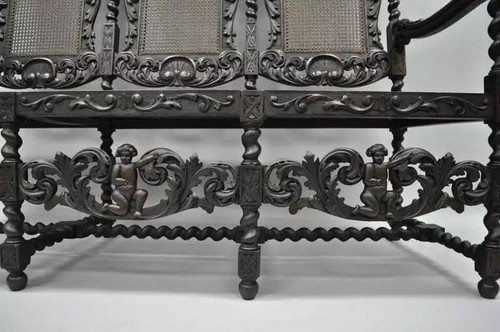 Jacobean Renaissance Barley Twist Cherub Carved Parlor Loveseat Bench Settee - Picture 8 of 10