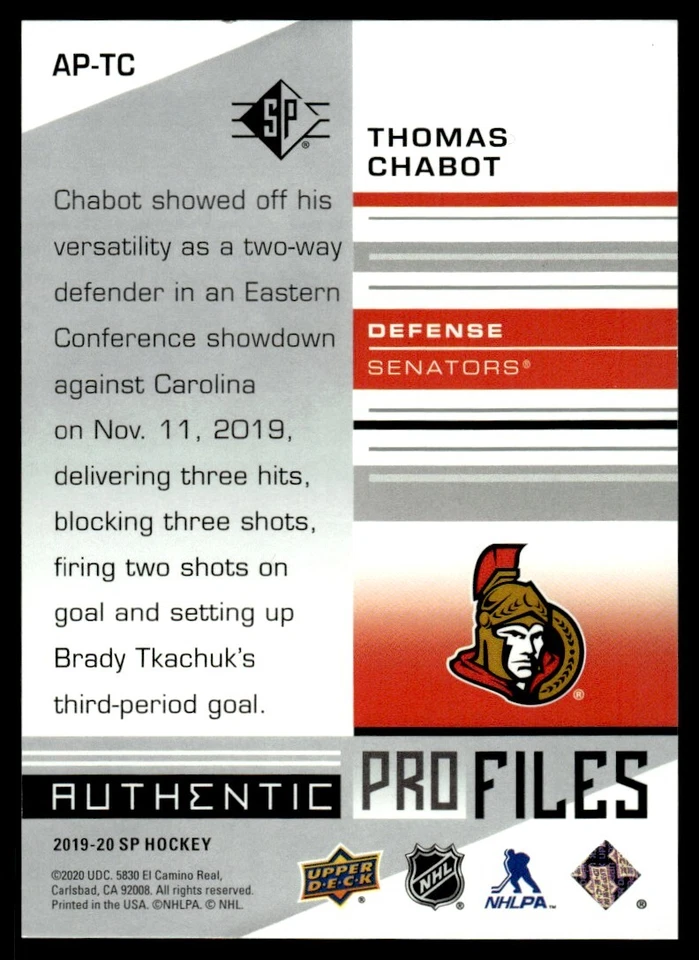 2019-20 SP Authentic Profiles Thomas Chabot /649 Ottawa Senators #AP-TC - Image 2 of 2