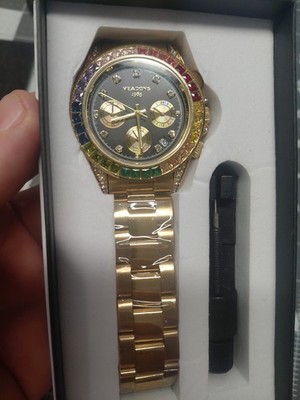 VEADONS 1985 Men's Chronograph Watch   Gold Finish with Rainbow Crystal Bezel