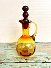 Amberina Red Ruby Amber  Art Glass Cruet w/Double Ball Stopper 7.5" Vtg Rainbow
