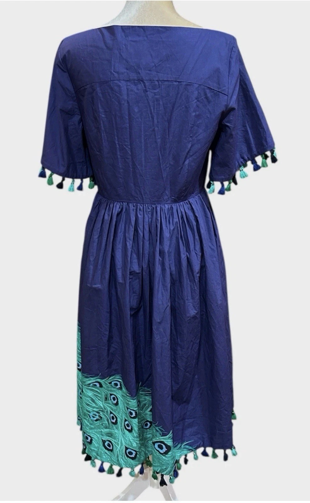 Abito Kate Spade New York taglia 10 full plume pavone popeline nappe blu verde