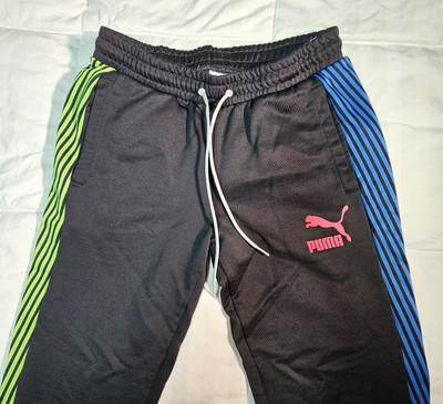 Puma Unisex Sweatpants Size Medium Elastic Waist Tie Blue And Green Side Stripes
