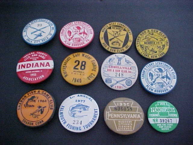 12 VINTAGE METAL FISHING BADGES