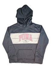 PUMA Long Sleeve Pullover Hoodie, Child Size Medium, Gray And Pink Logo, GUC