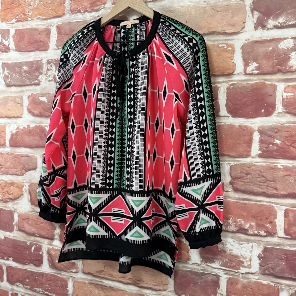 Camisa Gibson Latimer Top Mujer M Multicolor Azteca Abstracta Vibrante Popover Foto 3 de 4