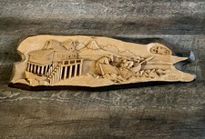 Vintage Hand Carved Wood Art Plaque Chile Sailboat Men Fishing Artist Signed 26  