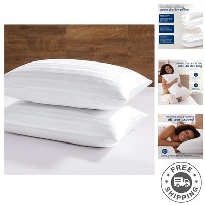 Oeko Tex Certified Goose Feather Pillows Set of 2, Queen Size, Elegantly Striped