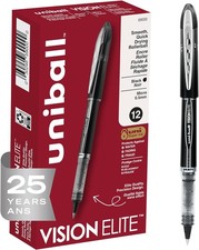 uni-ball Vision Elite Rollerball Pens Fine Point Micro Tip, 0.5mm, Black, 12