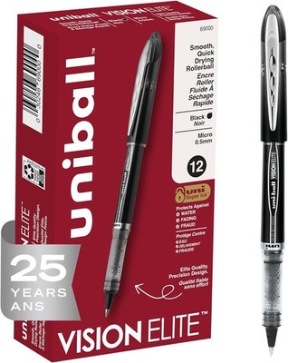 uni-ball Vision Elite Rollerball Pens Fine Point Micro Tip, 0.5mm, Black, 12