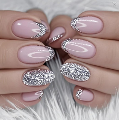 Silver Glitter French Press Nails Short Almond False Nails Glitter French Pink F