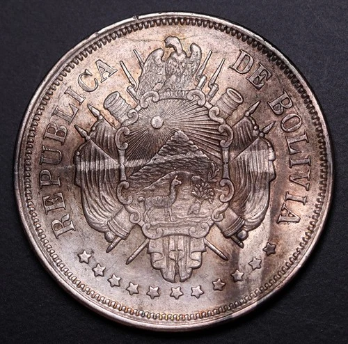 1870 PTS ER Bolivia Silver (90%)  Boliviano  Coin KM#155.2 (Dot under "MS")