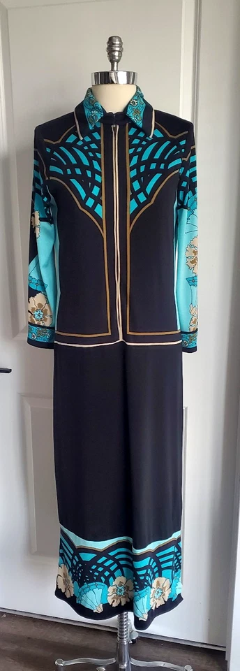 Vestido Vintage Paganne by Gene Berk Negro Turquesa Abertura Lateral Manga Larga Cremallera Años 70 Foto 2 de 4