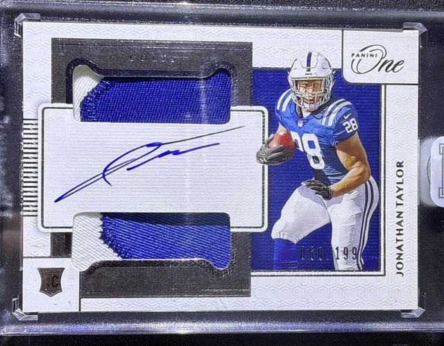 2020 Panini One - Rookie Dual Patch Auto Jonathan Taylor #46 /199 (AU, MEM, RC)