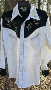 Fenton Western Shirt Pearl Snaps Embroidered Extra Long Tail Long Sleeves Vtg