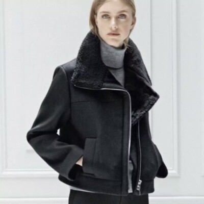 Vince Genuine Lamb Shearling Trimmed Wool Blend Jacket in Black- Small Women s