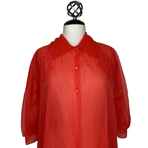 Vtg Texsheen Peignoir Robe Womens Sz M Red Sheer Flowy Lacey Chiffon Babydoll - Picture 2 of 12