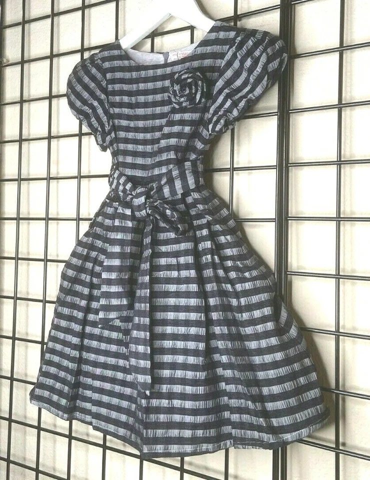 NUEVO NUEVO CON ETIQUETAS Hermoso Vestido Rayas Plateadas/Negro-Mini Tesoro Niños FELPA-RICO 5/6Y Foto 3 de 4