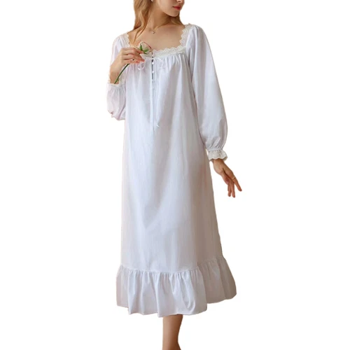 Women's Cotton Nightgown Princess Square Neck Long Sleeve Sleep Dress - Picture 49 of 53