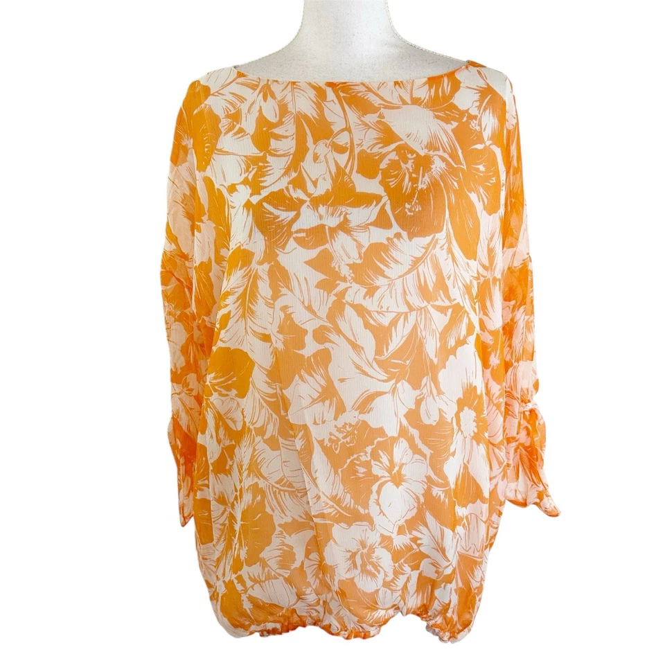 Blusa de seda Shamask para mujer talla única naranja floral semi transparente Resort Cruise Foto 2 de 4