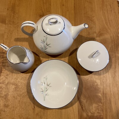 RARE Noritake Jesse Pattern Platinum Trim Tea Pot, Cream & Sugar Bowl,Fruit Bowl