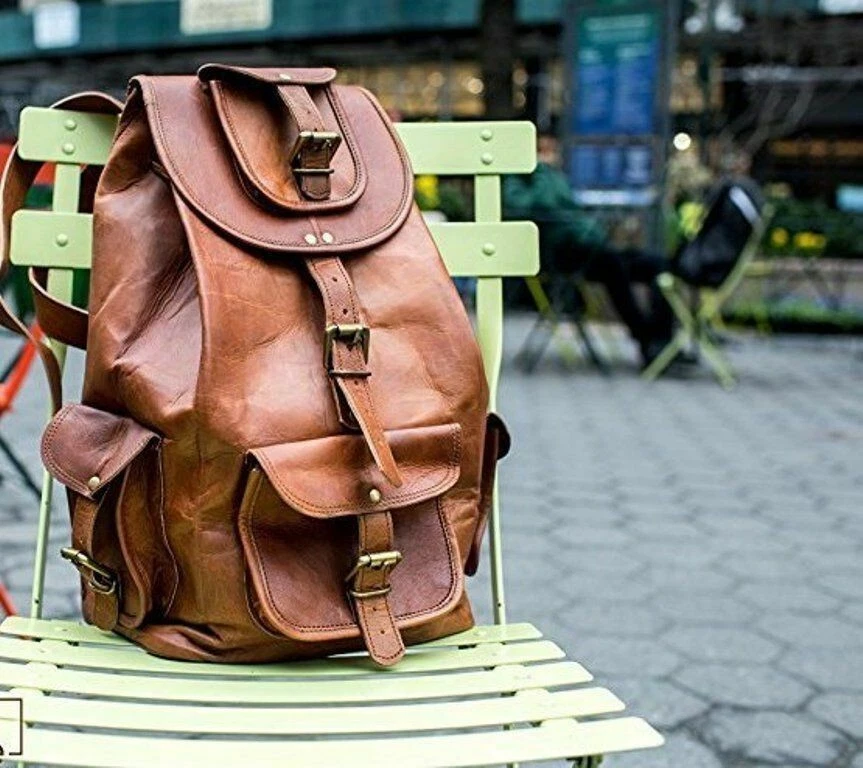 Real genuine men's leather backpack bag satchel briefcase laptop brown vintage