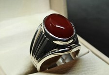 Natural Yemeni Brown Aqeeq Mens Ring Sterling Silver 925 Handmade Carnelian Ring
