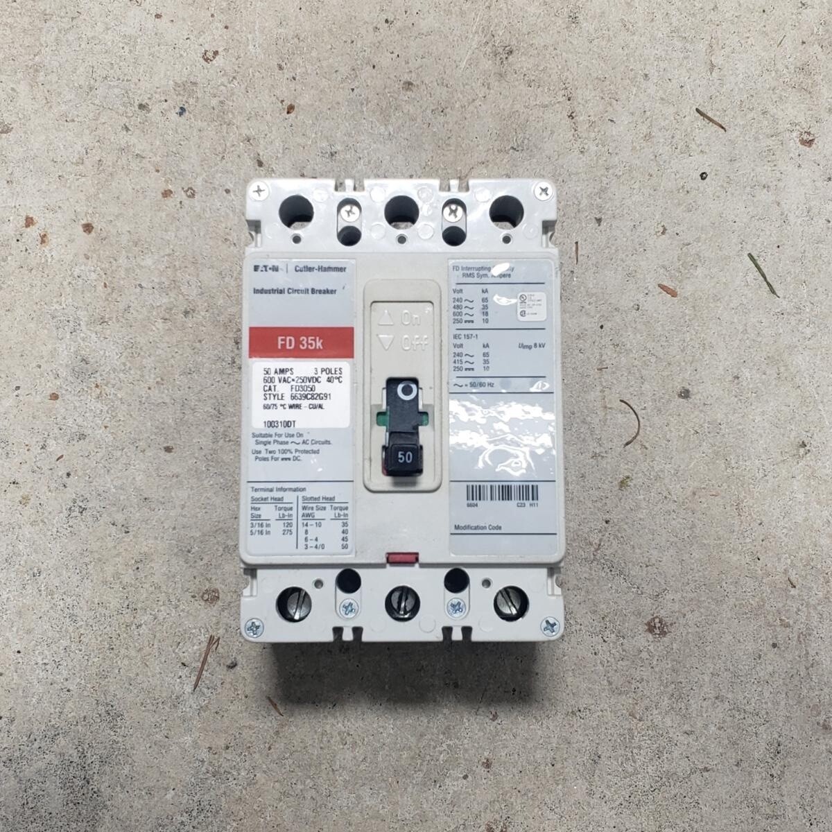 Eaton 3 pole 50 Amp Industrial Circuit Breaker FD3050