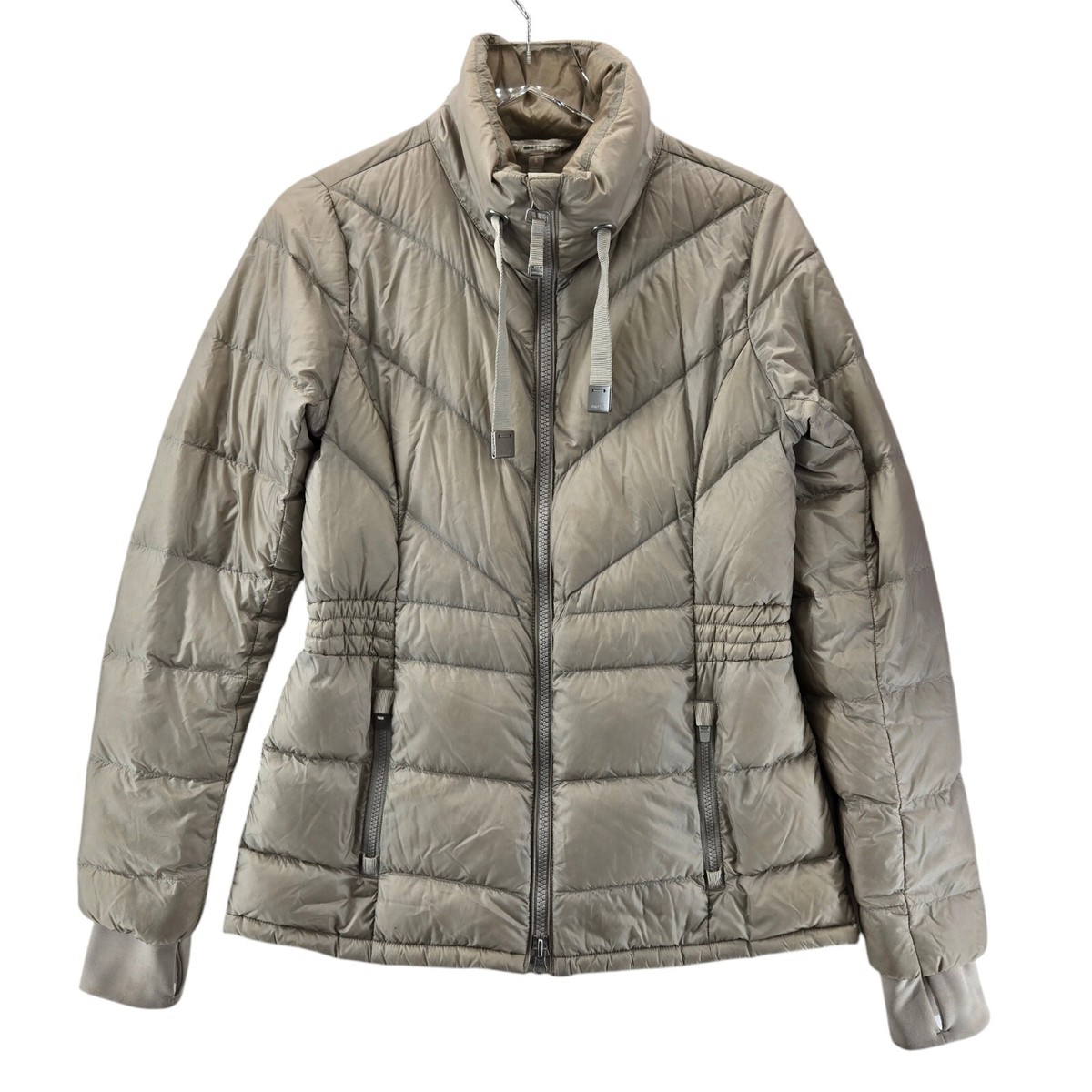 Athleta Banner Peak Goose Down Jacket Womens Small Dove Gray Beige  Thumbholes